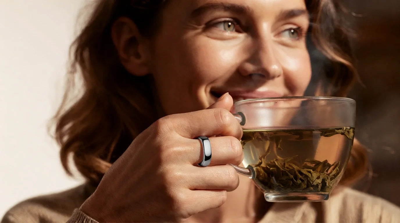 A person holding a glass cup while wearing a smart ring