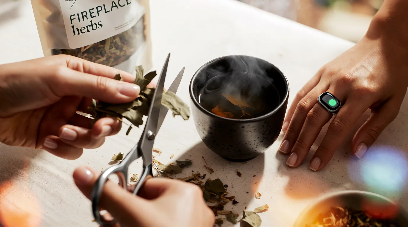 Hands preparing a herbal drink beside a wearable ring