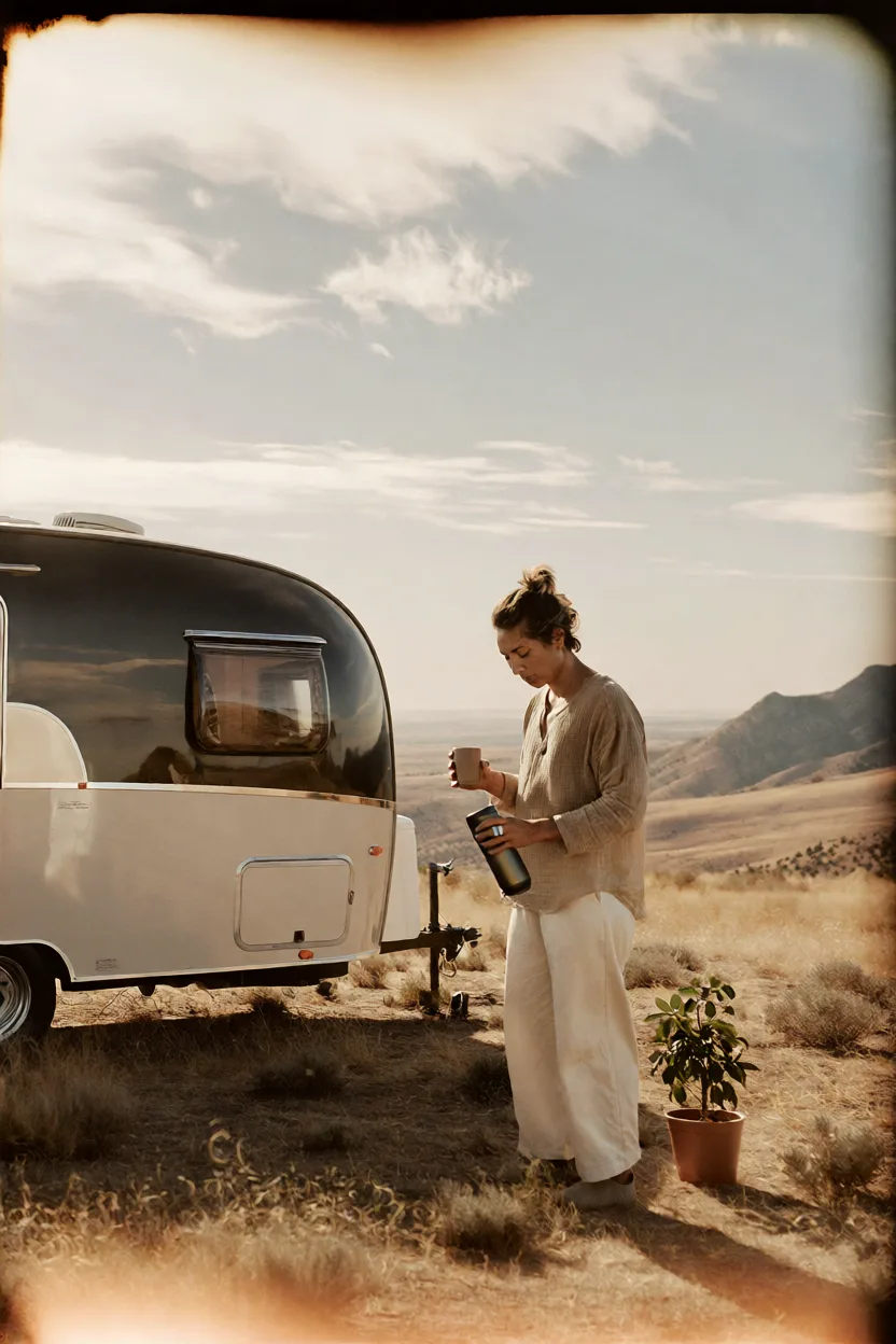 A quiet morning ritual beside a camper in the landscape